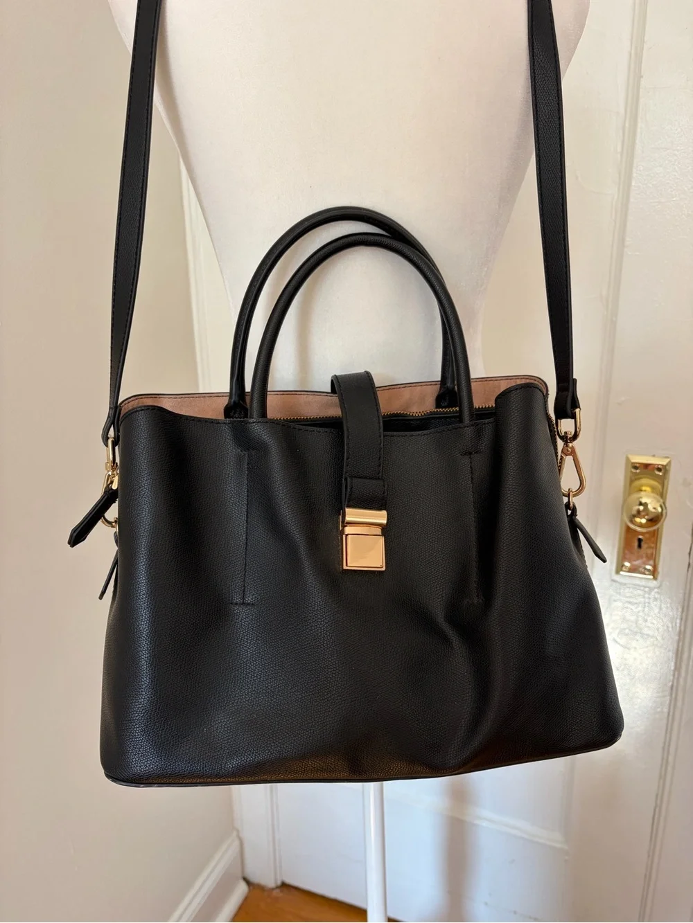 H&M Black Satchel with Gold Hardware and Tan Trim